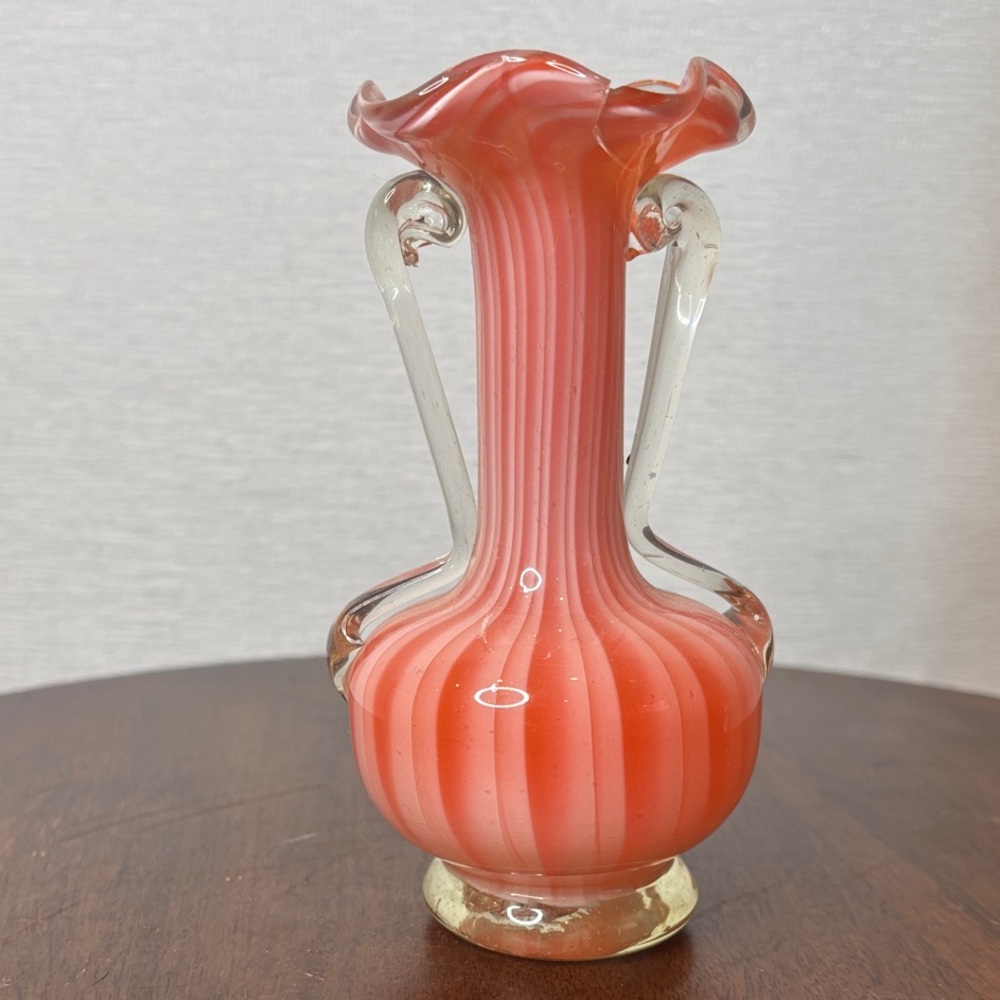 Vintage Murano Glass Handblown Coral Pink Swirl Glass Vase